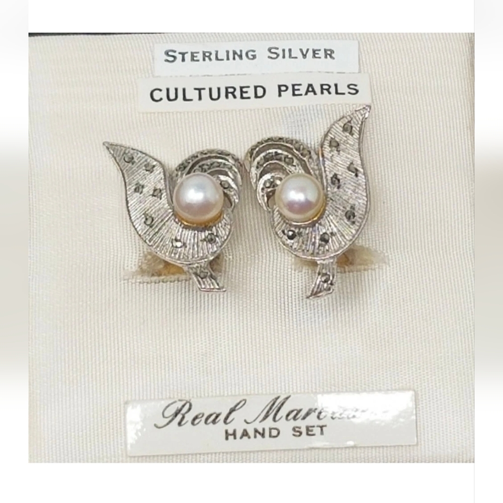 Vintage SJL 925 Sterling Marcasite And Cultured Pearl Clip On Earrings